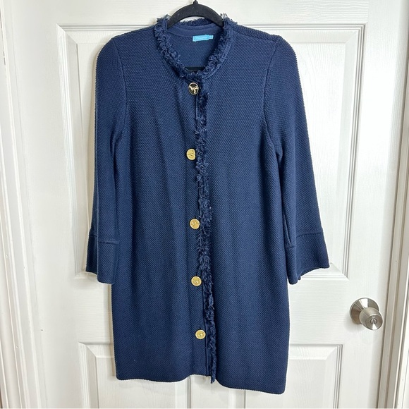 J.McLaughlin Ribbed Knit Navy Button Up longline Cardigan Gold Buttons Medium - Picture 1 of 9